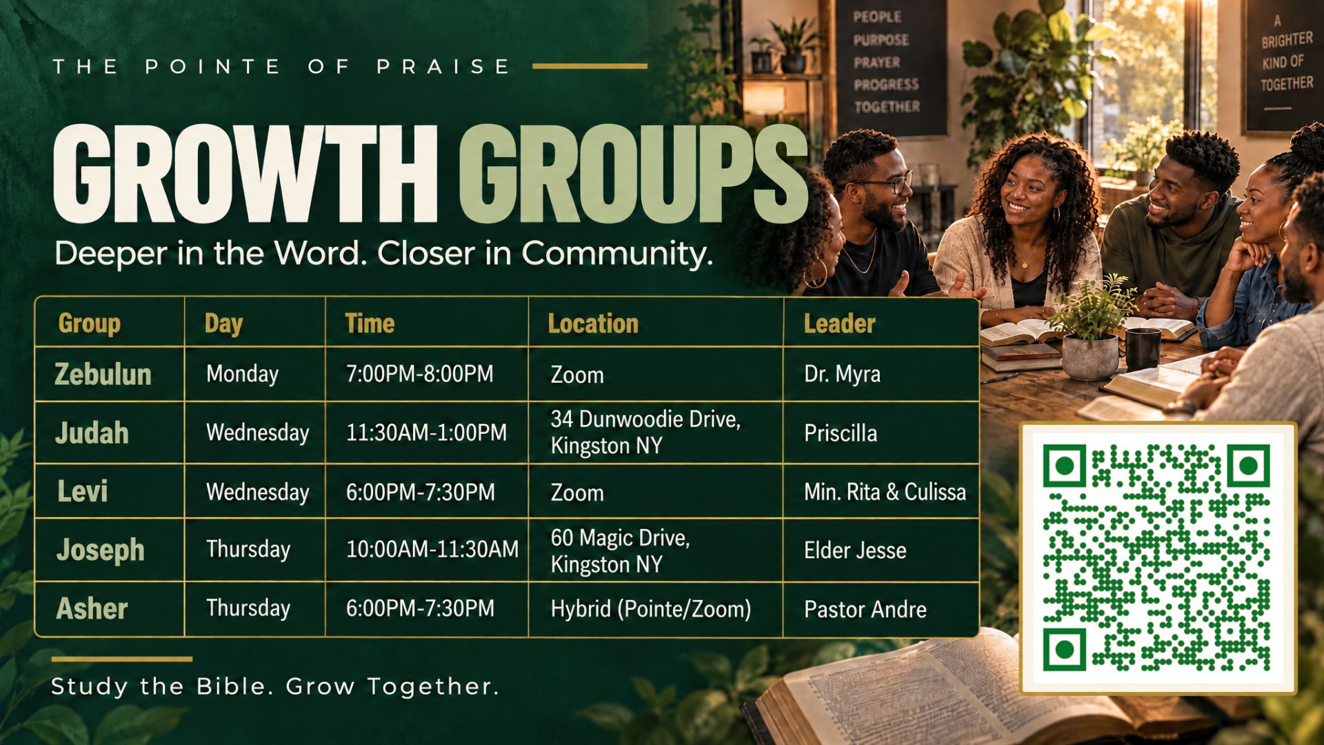 10-18 - Growth Group - October Intercessory Prayer Zoom meeting schedule for The Pointe of Praise, featuring a sunrise over a grassy field and a QR code for morning prayer access.