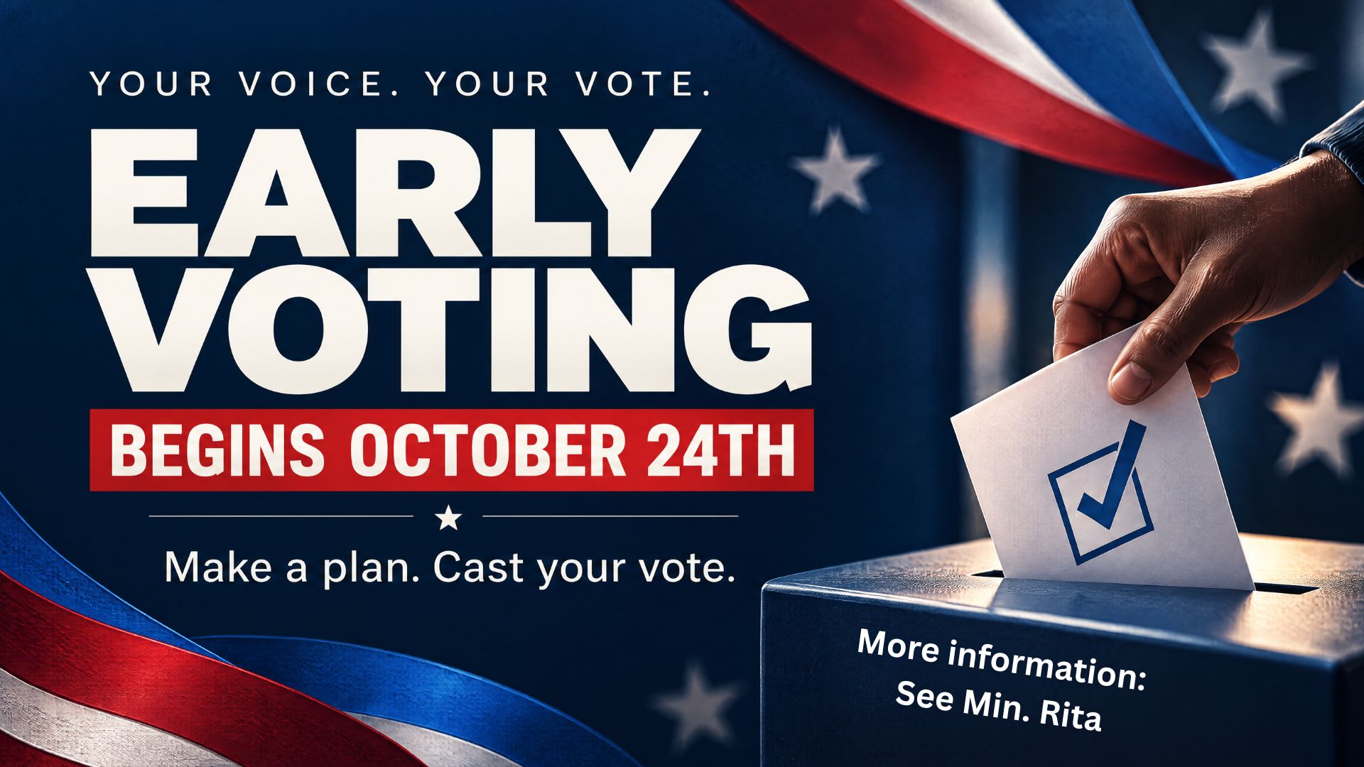 10-24 - Early Voting Prayer request graphic for The Pointe Church featuring clasped hands in prayer, a glowing cross, and the prayer ministry email address.