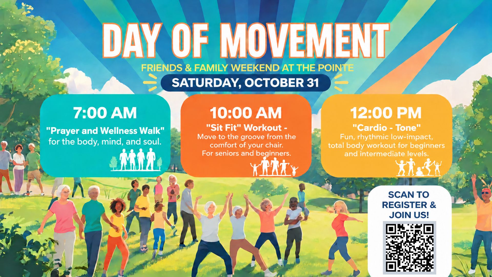 10-31 - Daysofmovement - Display Intercessory Prayer Zoom meeting schedule for The Pointe of Praise, featuring a sunrise over a grassy field and a QR code for morning prayer access.