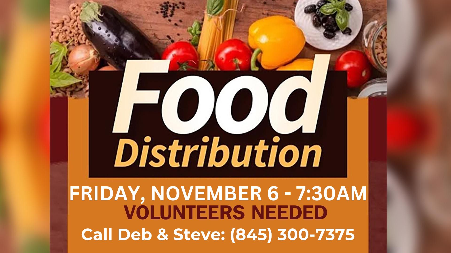 11-06 - Food Distribution Tackle The Text Tuesday online Bible study graphic showing a person watching a Zoom meeting on a laptop with details to join at 7 PM.